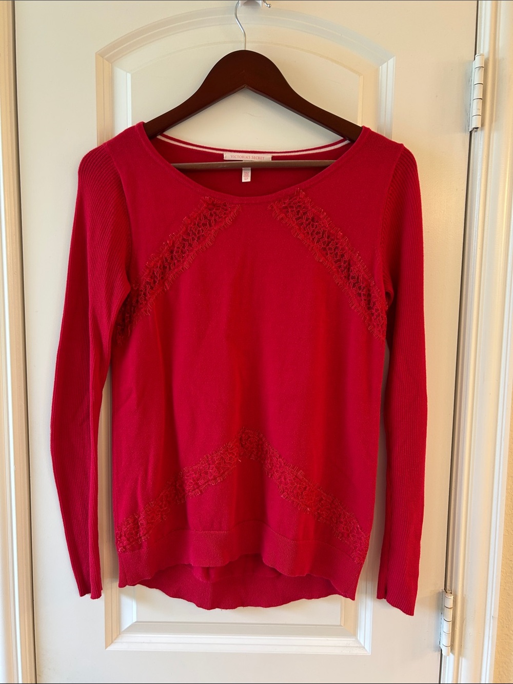 Victoria Secret Lace-Trim Long Sleeve Sweater in Red